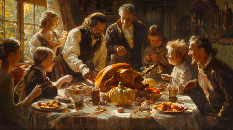 a painting of a family around a table with a turkey