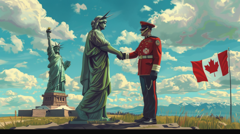 a man in a red uniform shaking hands with a statue of liberty